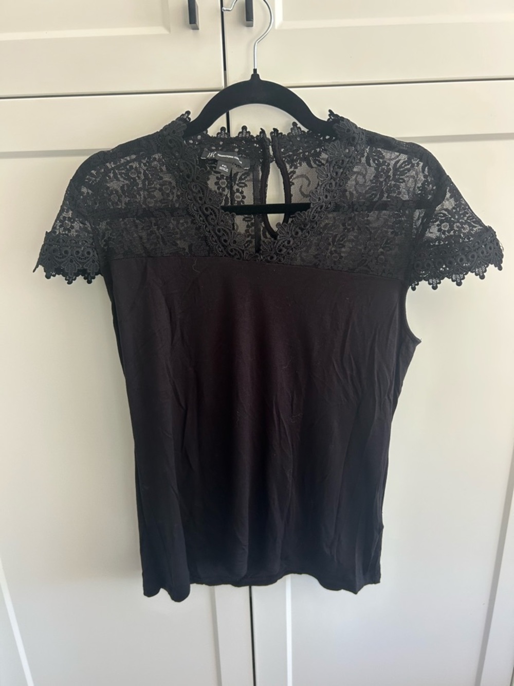 INC International Concepts Black Lace Yoke Short Sleeve Top
